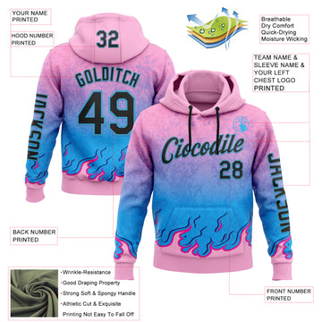 Custom Pink Black-Sky Blue 3D Abstract Flame Sports Pullover Sweatshirt Hoodie