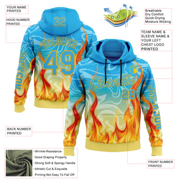 Custom Blue Sky Blue-Yellow 3D Abstract Flame Sports Pullover Sweatshirt Hoodie