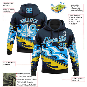 Custom Navy Sky Blue Yellow Black-White 3D Abstract Flame Sports Pullover Sweatshirt Hoodie