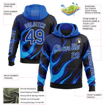 Custom Black Thunder Blue-White 3D Abstract Flame Sports Pullover Sweatshirt Hoodie