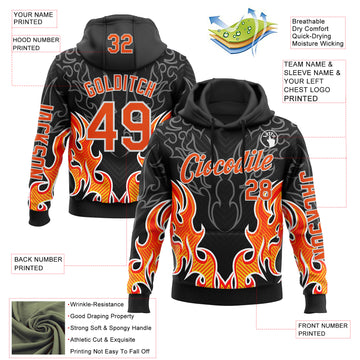 Custom Black Orange-White 3D Abstract Flame Sports Pullover Sweatshirt Hoodie
