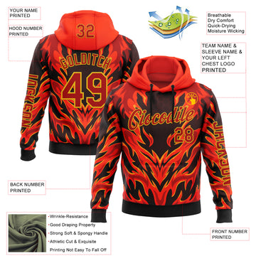 Custom Red Black-Yellow 3D Abstract Flame Sports Pullover Sweatshirt Hoodie