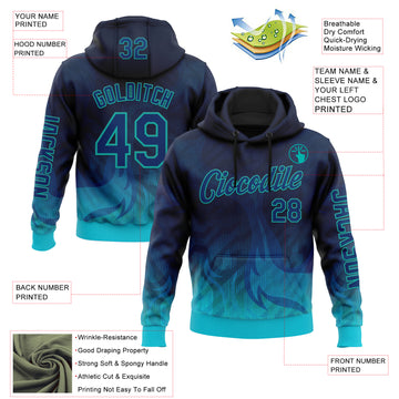 Custom Blue US Navy Blue-Aqua 3D Abstract Flame Sports Pullover Sweatshirt Hoodie