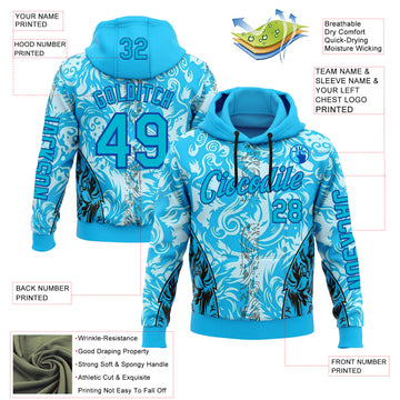 Custom Blue Thunder Blue Black-Lakes Blue 3D Abstract Flame Sports Pullover Sweatshirt Hoodie