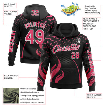 Custom Black Neon Pink-White 3D Abstract Flame Sports Pullover Sweatshirt Hoodie