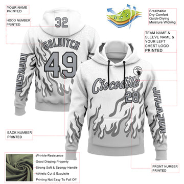 Custom White Gray-Black 3D Abstract Flame Sports Pullover Sweatshirt Hoodie