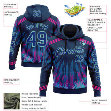 Custom Blue Royal Pink-Ice Blue 3D Abstract Flame Sports Pullover Sweatshirt Hoodie