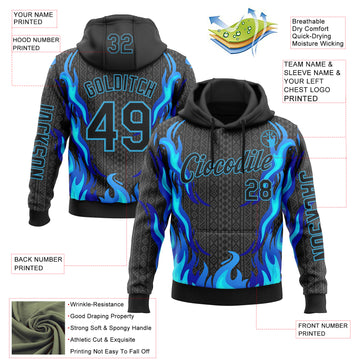 Custom Black Sky Blue 3D Abstract Flame Sports Pullover Sweatshirt Hoodie