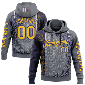 Custom Gray Yellow-Dark Purple 3D Abstract Flame Sports Pullover Sweatshirt Hoodie