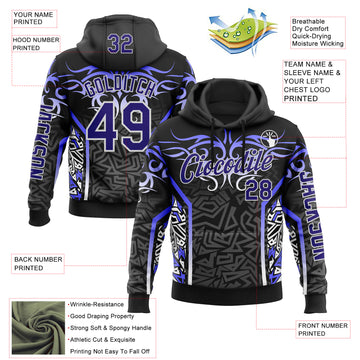 Custom Black Dark Purple Gray-White 3D Abstract Flame Sports Pullover Sweatshirt Hoodie