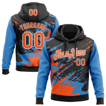 Custom Stitched Black Orange Powder Blue-White 3D Pattern Design Abstract Fragment Art Splash Sports Pullover Sweatshirt Hoodie