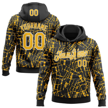 Custom Stitched Black Gold-White 3D Pattern Design Line Sports Pullover Sweatshirt Hoodie