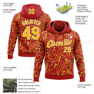 Custom Stitched Red Gold-White 3D Pattern Design Line Sports Pullover Sweatshirt Hoodie