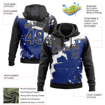 Custom Stitched Black Royal Old Gold-White 3D Pattern Design Splash Torn Paper Style Sports Pullover Sweatshirt Hoodie