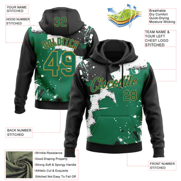 Custom Stitched Black Kelly Green Old Gold-White 3D Pattern Design Splash Torn Paper Style Sports Pullover Sweatshirt Hoodie
