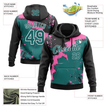 Custom Stitched Black Teal Pink-White 3D Pattern Design Splash Torn Paper Style Sports Pullover Sweatshirt Hoodie