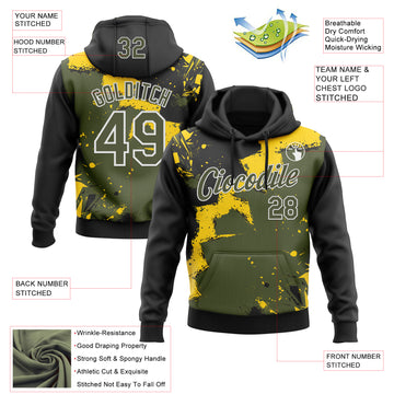 Custom Stitched Black Olive Yellow-White 3D Pattern Design Splash Torn Paper Style Sports Pullover Sweatshirt Hoodie