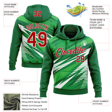 Custom Stitched Kelly Green Red-White 3D Pattern Design Line Sports Pullover Sweatshirt Hoodie