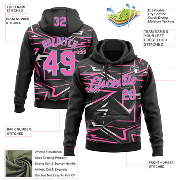 Custom Stitched Black Pink Light Blue-White 3D Pattern Design Line Sports Pullover Sweatshirt Hoodie