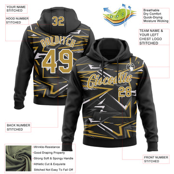 Custom Stitched Black Old Gold-White 3D Pattern Design Line Sports Pullover Sweatshirt Hoodie