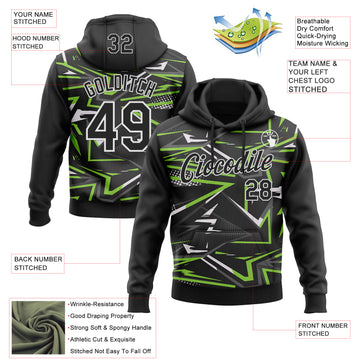 Custom Stitched Black Neon Green-White 3D Pattern Design Line Sports Pullover Sweatshirt Hoodie