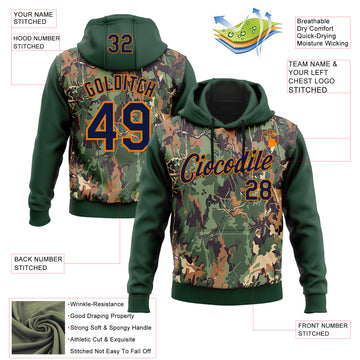 Custom Stitched Green Navy-Bay Orange 3D Pattern Design Tree Camo Hunting Sports Pullover Sweatshirt Hoodie