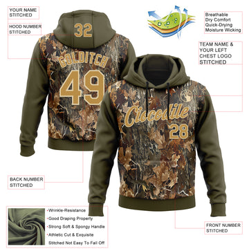 Custom Stitched Olive Old Gold-Cream 3D Pattern Design Tree Camo Hunting Sports Pullover Sweatshirt Salute To Service Hoodie