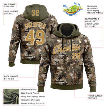Custom Stitched Olive Old Gold-Cream 3D Pattern Design Tree Camo Hunting Sports Pullover Sweatshirt Salute To Service Hoodie