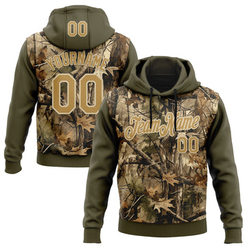 Custom Stitched Olive Old Gold-Cream 3D Pattern Design Tree Camo Hunting Sports Pullover Sweatshirt Salute To Service Hoodie