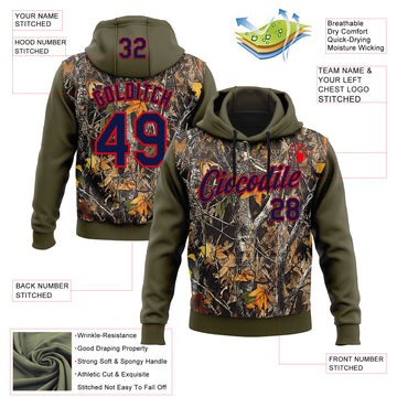 Custom Stitched Olive Navy-Fire Red 3D Pattern Design Tree Camo Hunting Sports Pullover Sweatshirt Salute To Service Hoodie