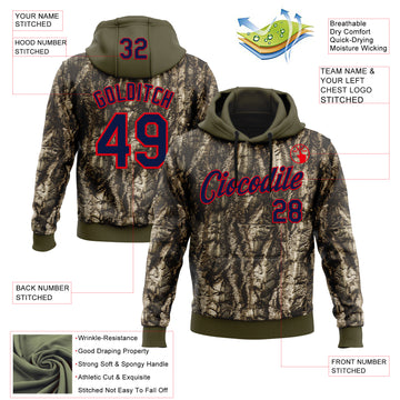 Custom Stitched Olive Navy-Fire Red 3D Pattern Design Tree Camo Hunting Sports Pullover Sweatshirt Salute To Service Hoodie