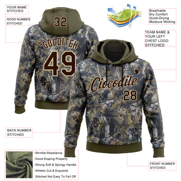 Custom Stitched Olive Brown-Cream 3D Pattern Design Tree Camo Hunting Sports Pullover Sweatshirt Salute To Service Hoodie