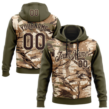 Custom Stitched Olive Brown-Cream 3D Pattern Design Tree Camo Hunting Sports Pullover Sweatshirt Salute To Service Hoodie