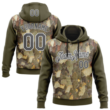 Custom Stitched Olive Steel Gray-White 3D Pattern Design Tree Camo Hunting Sports Pullover Sweatshirt Salute To Service Hoodie