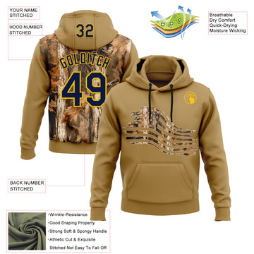 Custom Stitched Old Gold Navy-Yellow 3D Pattern Design Tree Camo American Flag Hunting Sports Pullover Sweatshirt Hoodie