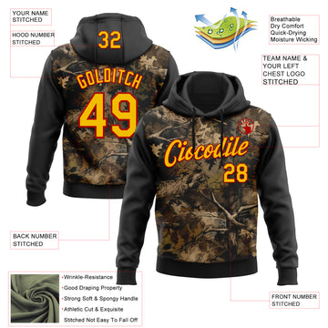 Custom Stitched Black Yellow-Red 3D Pattern Design Tree Camo Hunting Sports Pullover Sweatshirt Hoodie