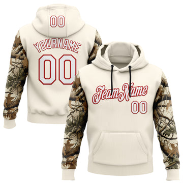 Custom Stitched Cream White-Red 3D Pattern Design Tree Camo Hunting Sports Pullover Sweatshirt Hoodie