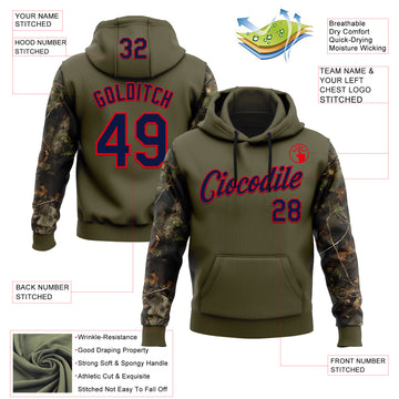 Custom Stitched Olive Navy-Fire Red 3D Pattern Design Tree Camo Hunting Sports Pullover Sweatshirt Salute To Service Hoodie