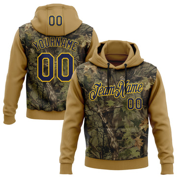 Custom Stitched Old Gold Navy-Yellow 3D Pattern Design Tree Camo Hunting Sports Pullover Sweatshirt Hoodie