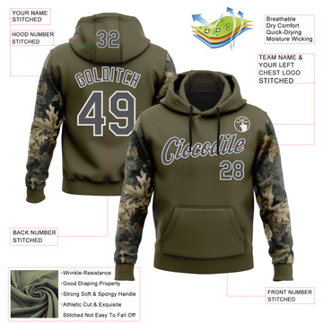Custom Stitched Olive Steel Gray-White 3D Pattern Design Tree Camo Hunting Sports Pullover Sweatshirt Salute To Service Hoodie