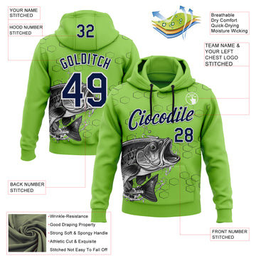 Custom Stitched Neon Green Navy Black-White 3D Pattern Design Sportswear Fishing Pullover Sweatshirt Hoodie