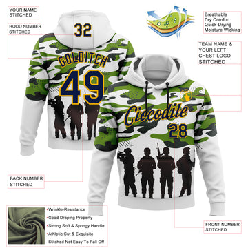 Custom Stitched White Navy Black-Gold 3D Pattern Design Camo Military Sportswear Pullover Sweatshirt Hoodie