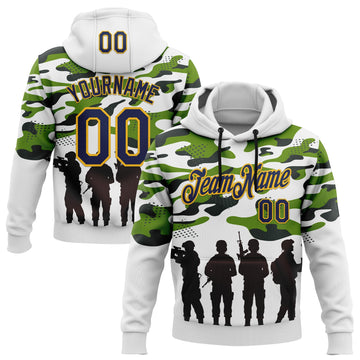Custom Stitched White Navy Black-Gold 3D Pattern Design Camo Military Sportswear Pullover Sweatshirt Hoodie