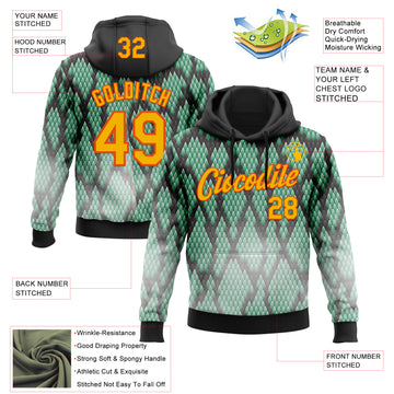 Custom Stitched Black Gold Green-Orange 3D Pattern Design Snake Print Sportswear Pullover Sweatshirt Hoodie