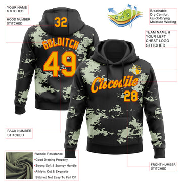Custom Stitched Black Gold-Orange 3D Pattern Design Camo Sportswear Pullover Sweatshirt Hoodie
