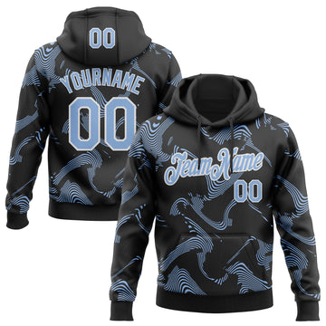 Custom Stitched Black Light Blue-White 3D Pattern Design Curve Lines Sports Pullover Sweatshirt Hoodie