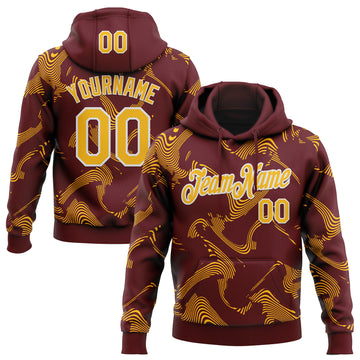 Custom Stitched Burgundy Gold-White 3D Pattern Design Curve Lines Sports Pullover Sweatshirt Hoodie