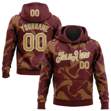 Custom Stitched Burgundy Old Gold-White 3D Pattern Design Curve Lines Sports Pullover Sweatshirt Hoodie