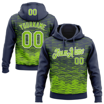 Custom Stitched Navy Neon Green-White 3D Pattern Design Line Sports Pullover Sweatshirt Hoodie