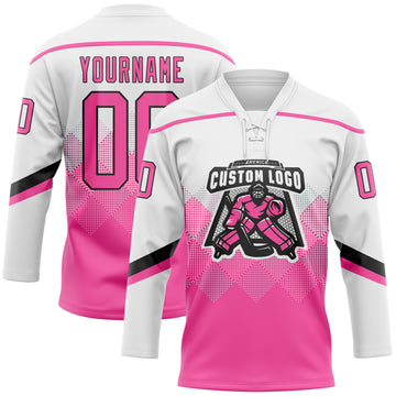 Custom Black Pink-Black 3D Pattern  Gradient Square Shapes Hockey Lace Neck Jersey
